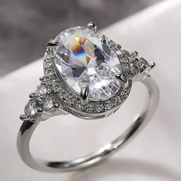 ▶Beautiful Noble Oval Pure CZ Macro Pave Silver Wedding Luxury Rings, K936